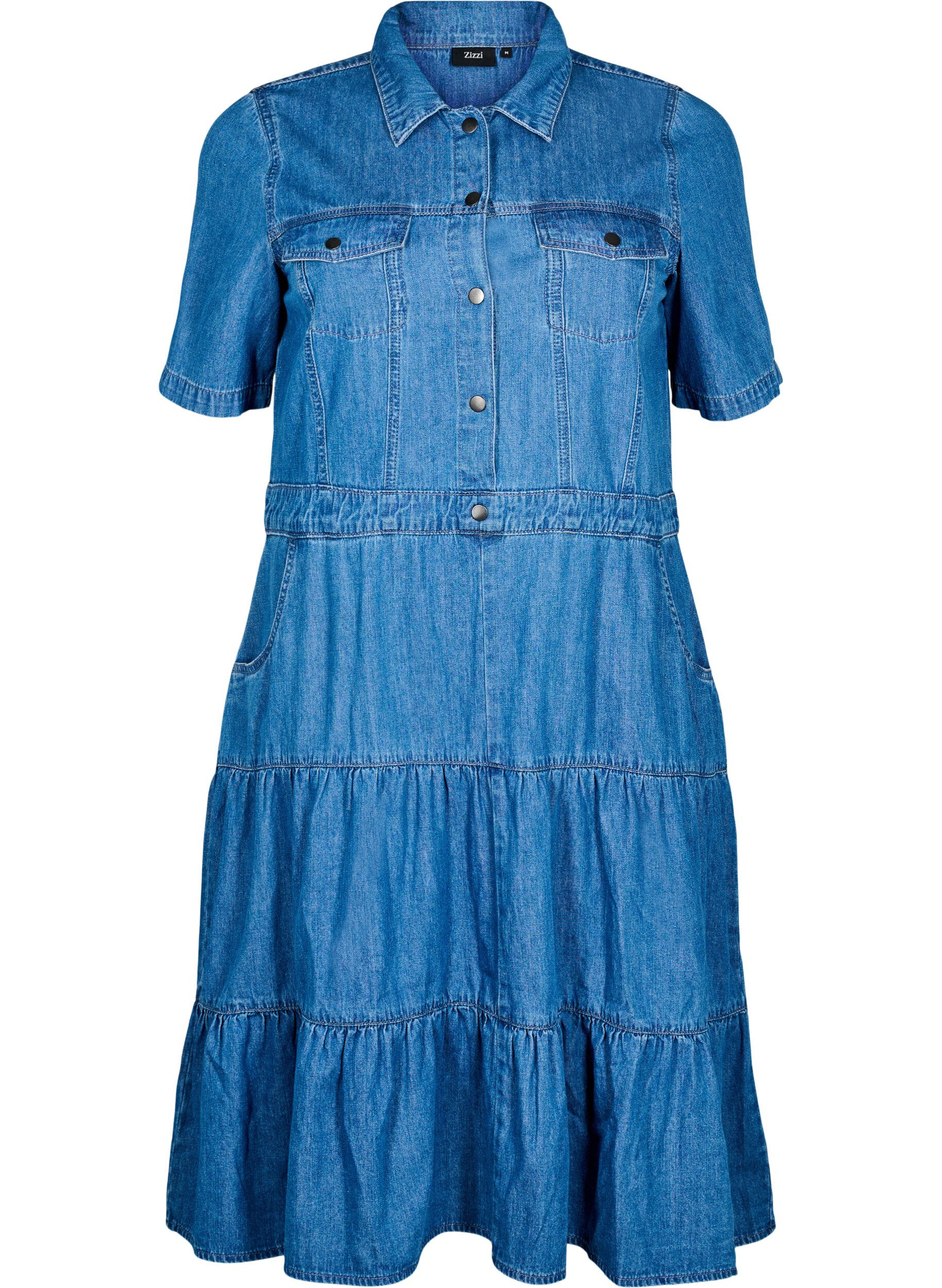 ZizziJeanskleid in Midil&auml;nge mit Kn&ouml;pfen und kurzen &Auml;rmeln, Blau, Packshot image number 0