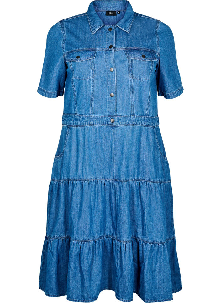 Jeanskleid in Midil&auml;nge mit Kn&ouml;pfen und kurzen &Auml;rmeln, Blau, Packshot image number 0