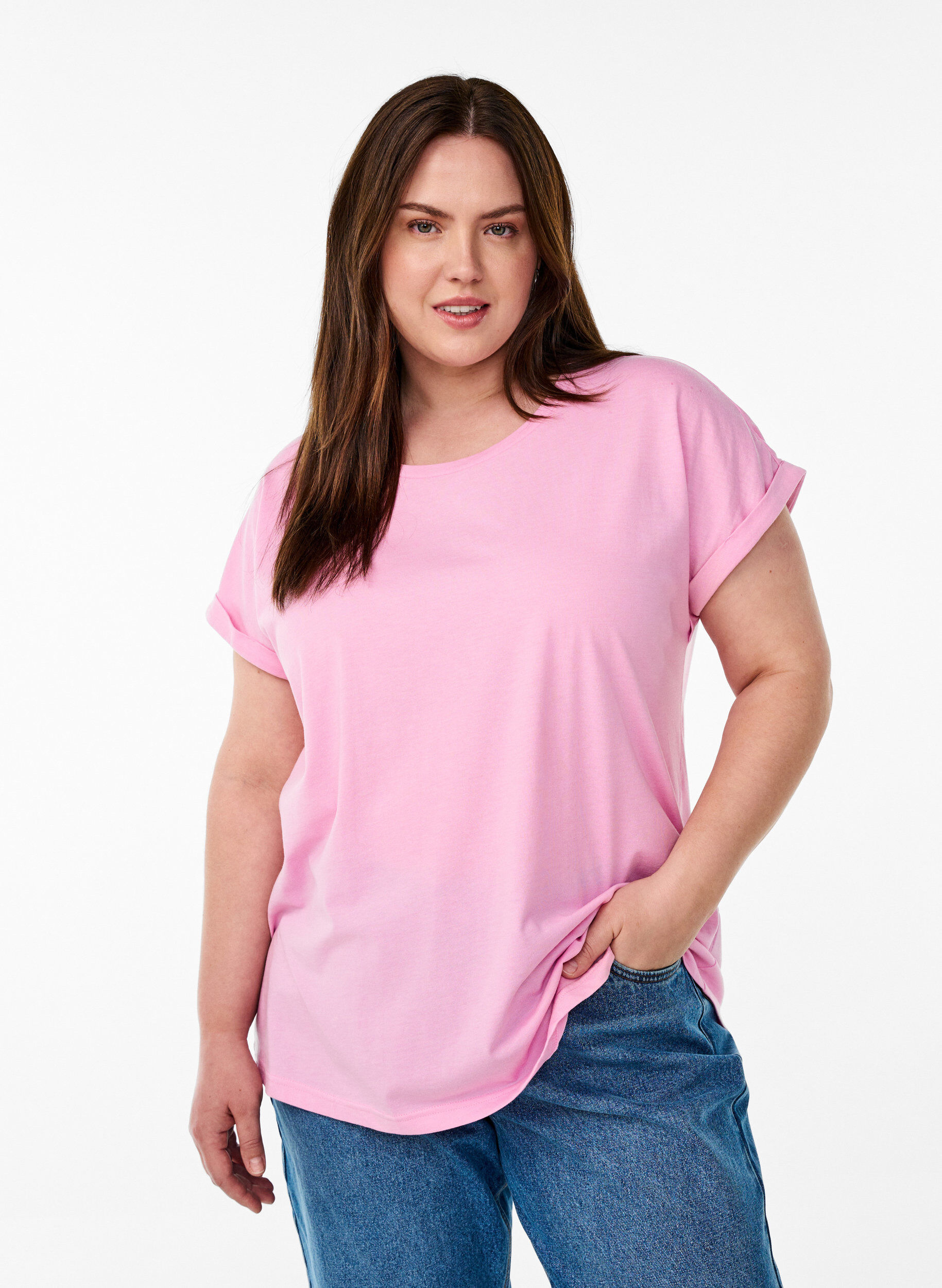 Kurz&auml;rmeliges T-Shirt aus einer Baumwollmischung, Pink, Model