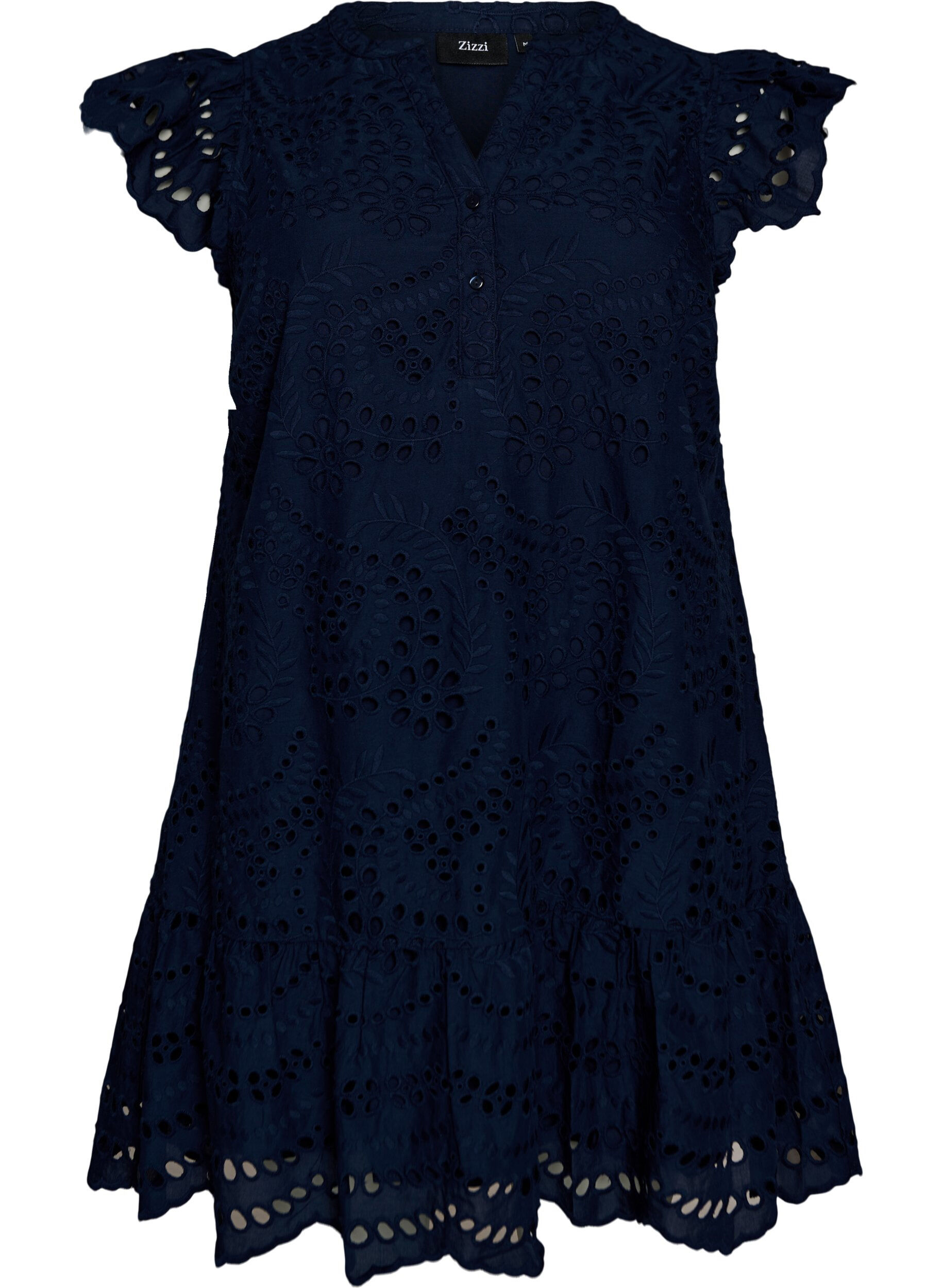 Zizzi Kleid aus Broderie Anglaise mit R&uuml;schen&auml;rmeln, Blau, Packshot image number 0