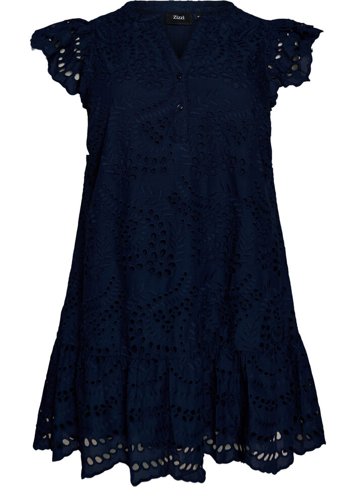 Kleid aus Broderie Anglaise mit R&uuml;schen&auml;rmeln, Blau, Packshot image number 0