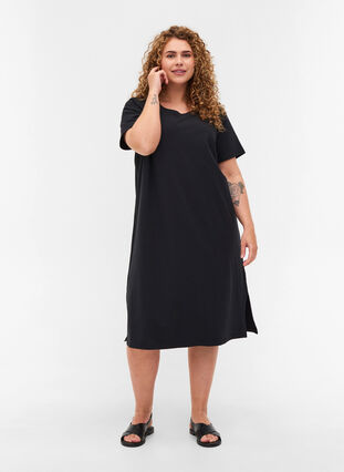 Kurzarm Kleid aus Baumwolle mit Schlitz, Black, Model image number 2