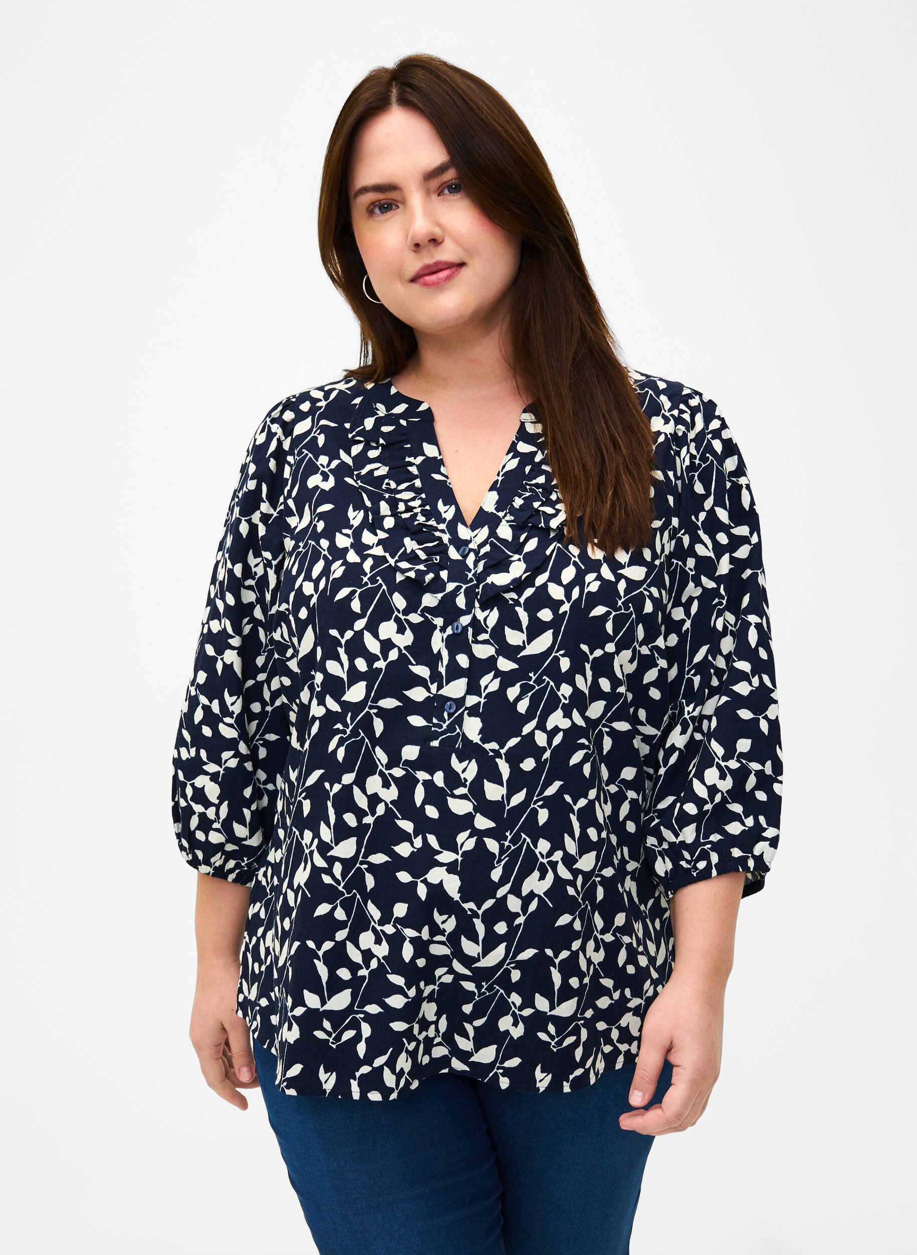 Zizzi Baumwollbluse mit 3/4-&Auml;rmeln und Aufdruck, Navy Blazer Leaf, Model image number 0