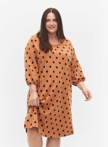 Kleid mit Punktmustern und 3/4 Ärmeln, Almond Black Dot, Model image number 0