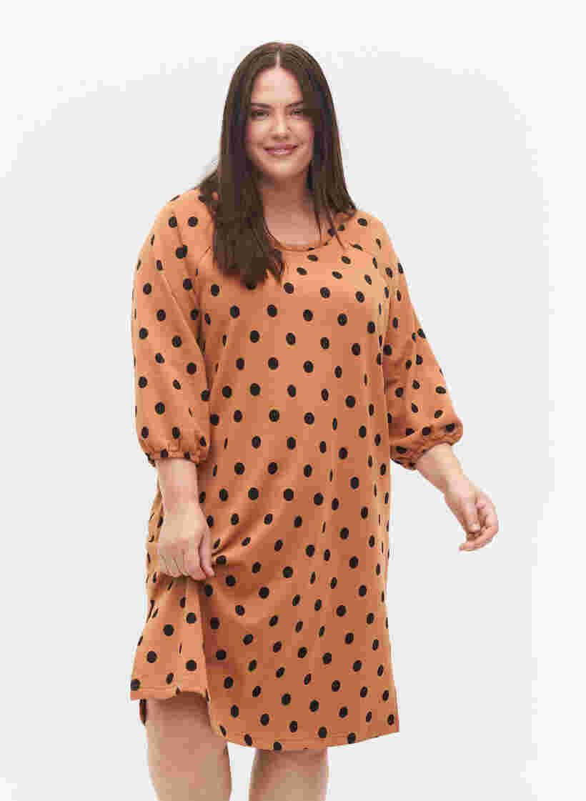 Kleid mit Punktmustern und 3/4 Ärmeln, Almond Black Dot, Model image number 0