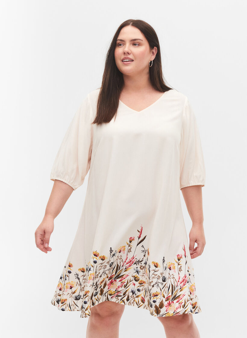 Kurzärmeliges Kleid aus Viskose mit Blumendruck, Off White Flower, Model