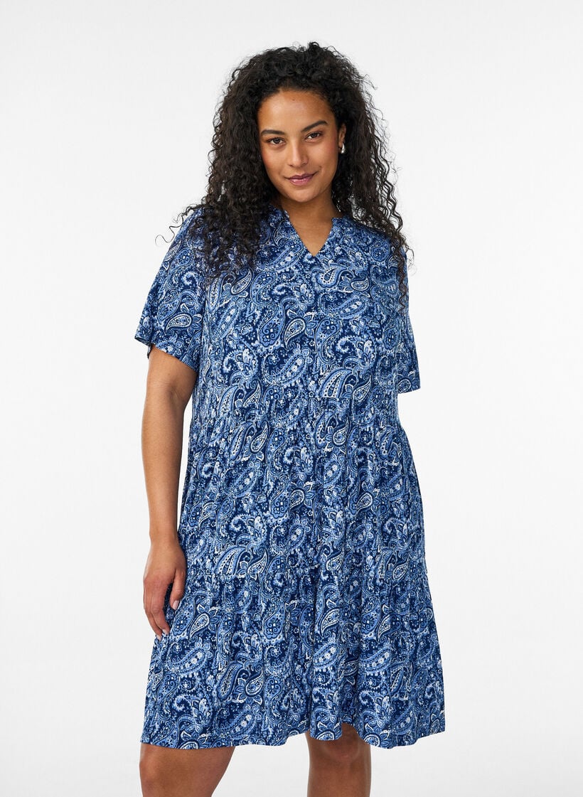 Gemustertes Kleid mit Eins&auml;tzen, Blau, Model image number 0