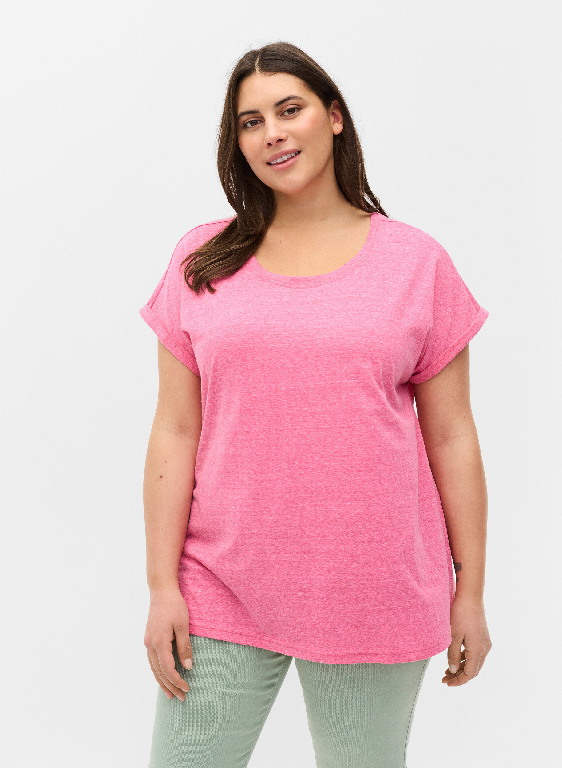 Zizzi Meliertes T-Shirt aus Baumwolle, Fandango Pink M&eacute;l, Model image number 0