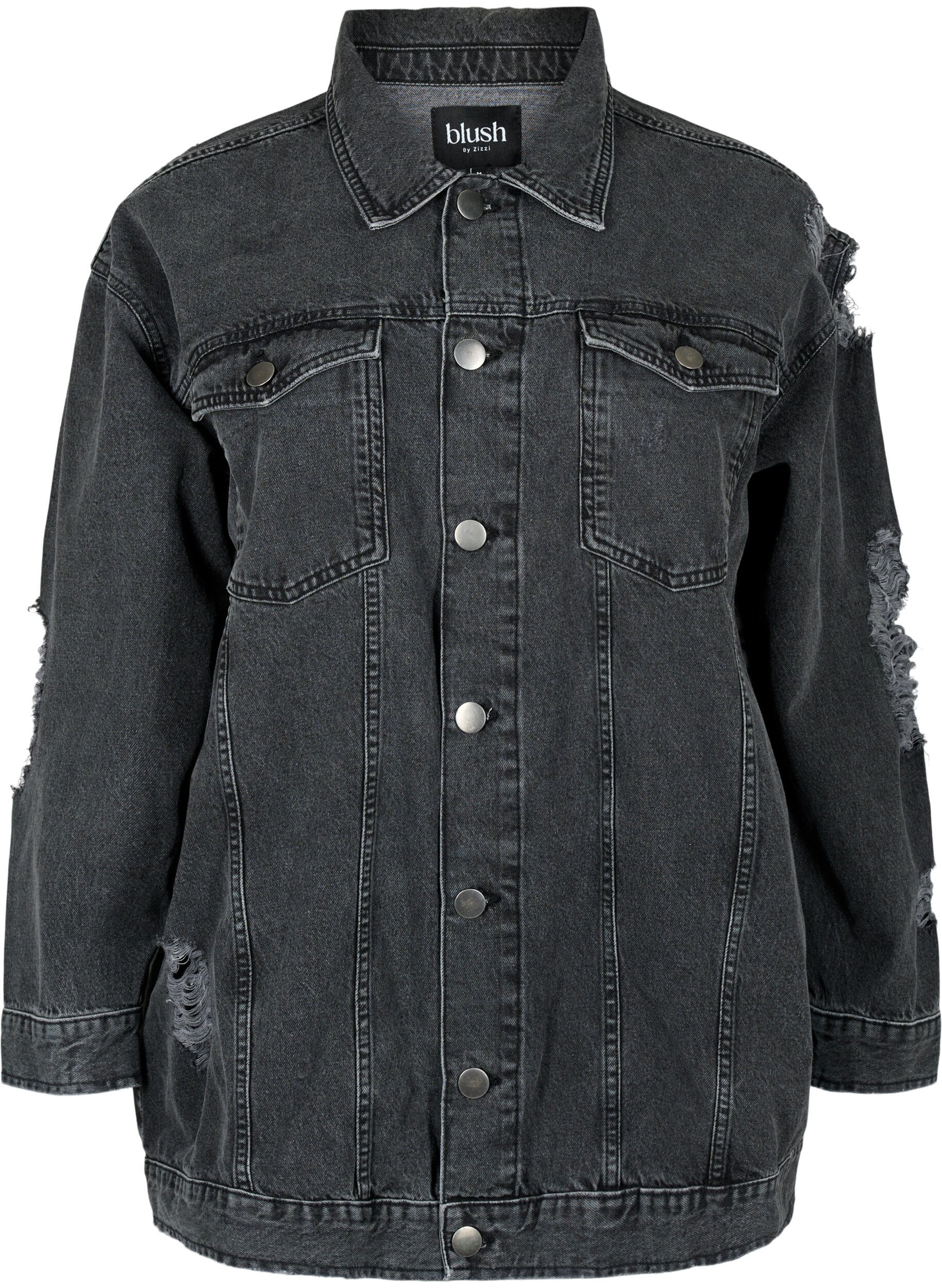 Zizzi Locker sitzende Jeansjacke mit Abnutzungsdetails, Dark Grey Denim, Packshot image number 0