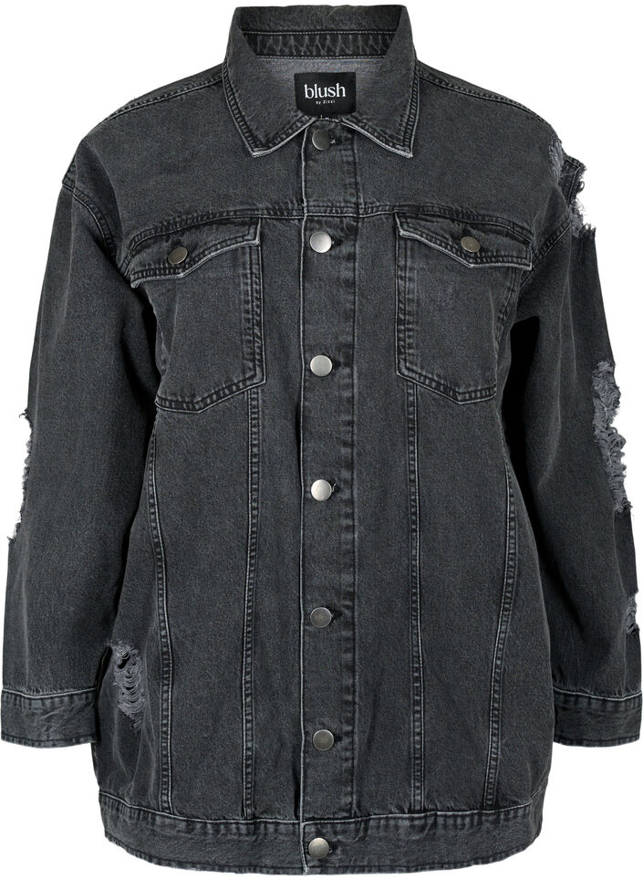 Locker sitzende Jeansjacke mit Abnutzungsdetails, Dark Grey Denim, Packshot image number 0