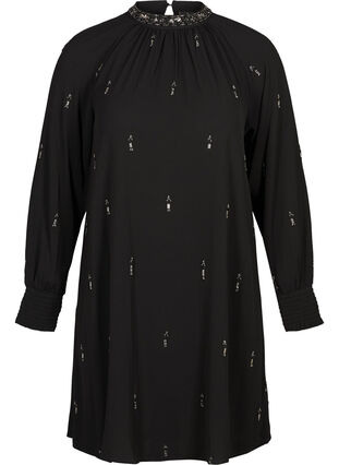 Langarm Kleid mit Perlen und Smock, Black, Packshot image number 0