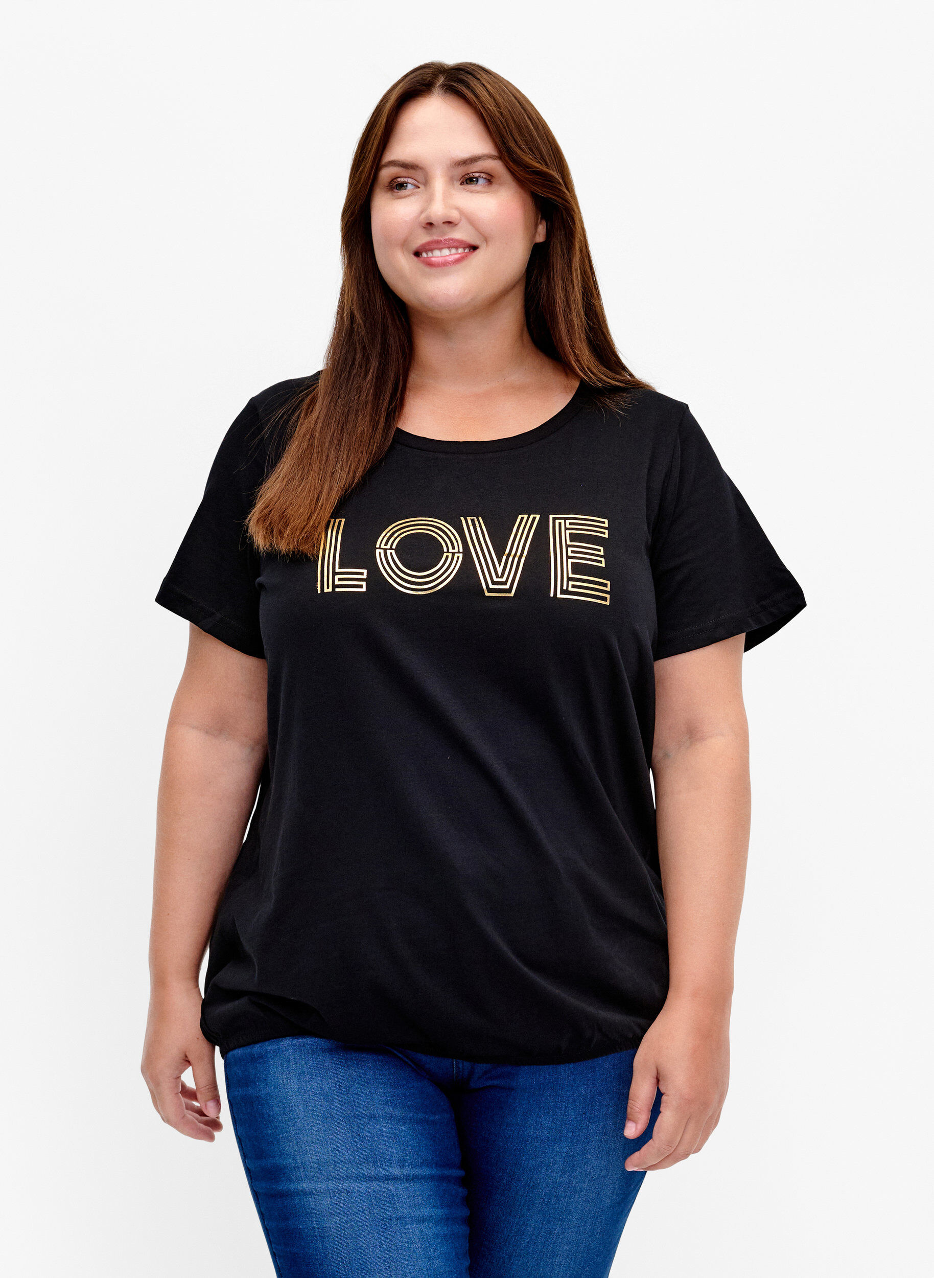 Zizzi Baumwoll-T-Shirt mit Folien-Druck, Black W. Love, Model image number 0