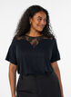 Bluse mit Spitzeneinsatz und Ballon&auml;rmeln, Schwarz, Model image number 0
