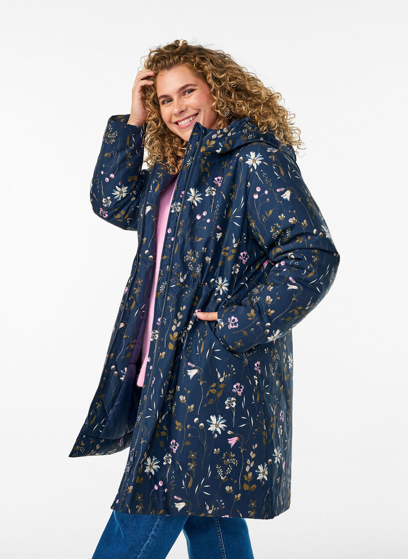 Gepolsterte Winterjacke mit Blumenprint, Blau, Model image number 0