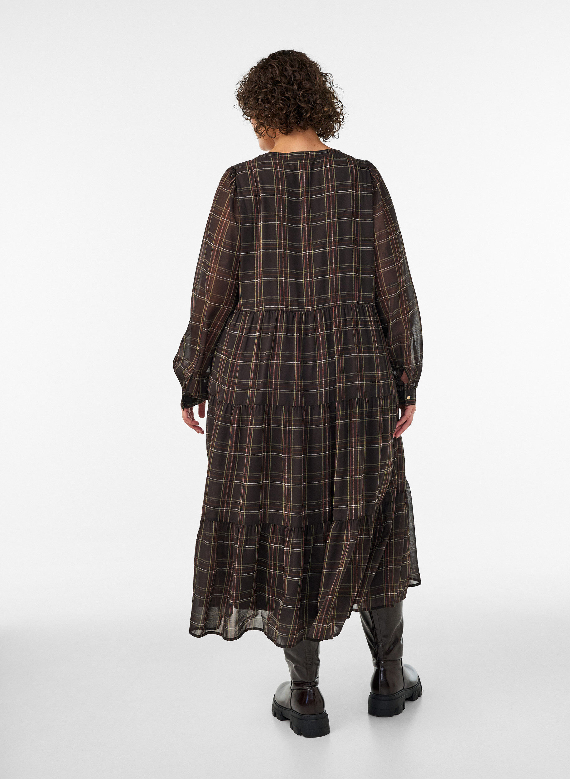 ZizziKariertes Midikleid mit Stufenrock, Braun, Model image number 1