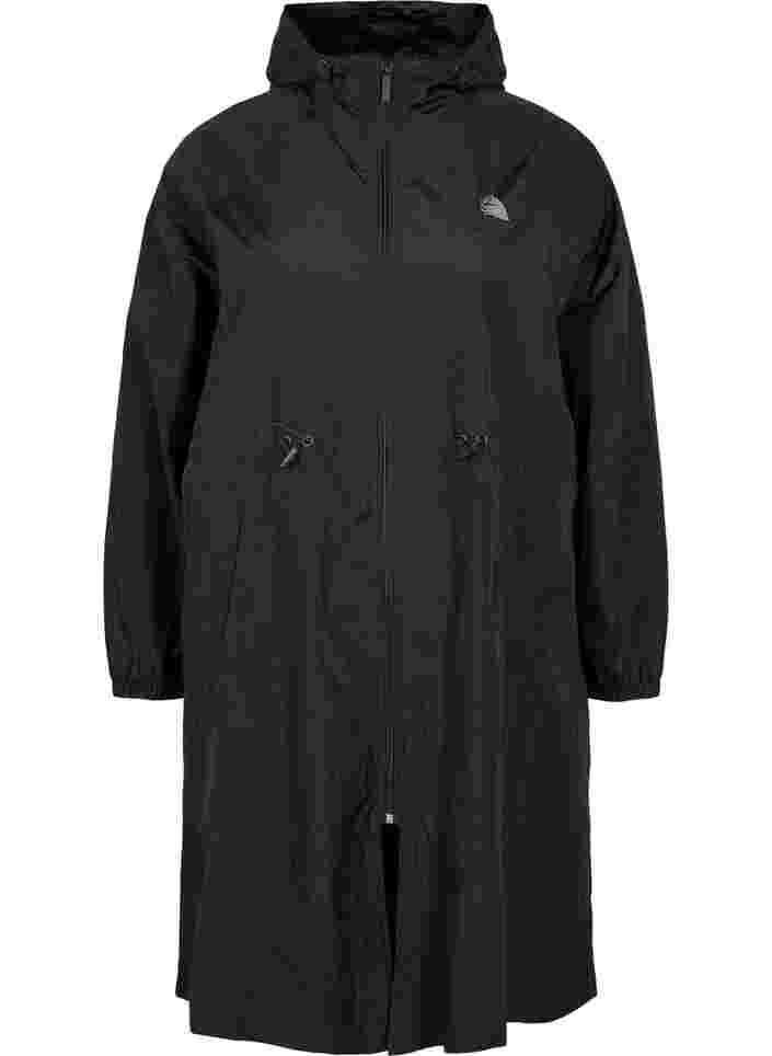 Lange Sportjacke mit verstellbarer Taille, Black, Packshot image number 0