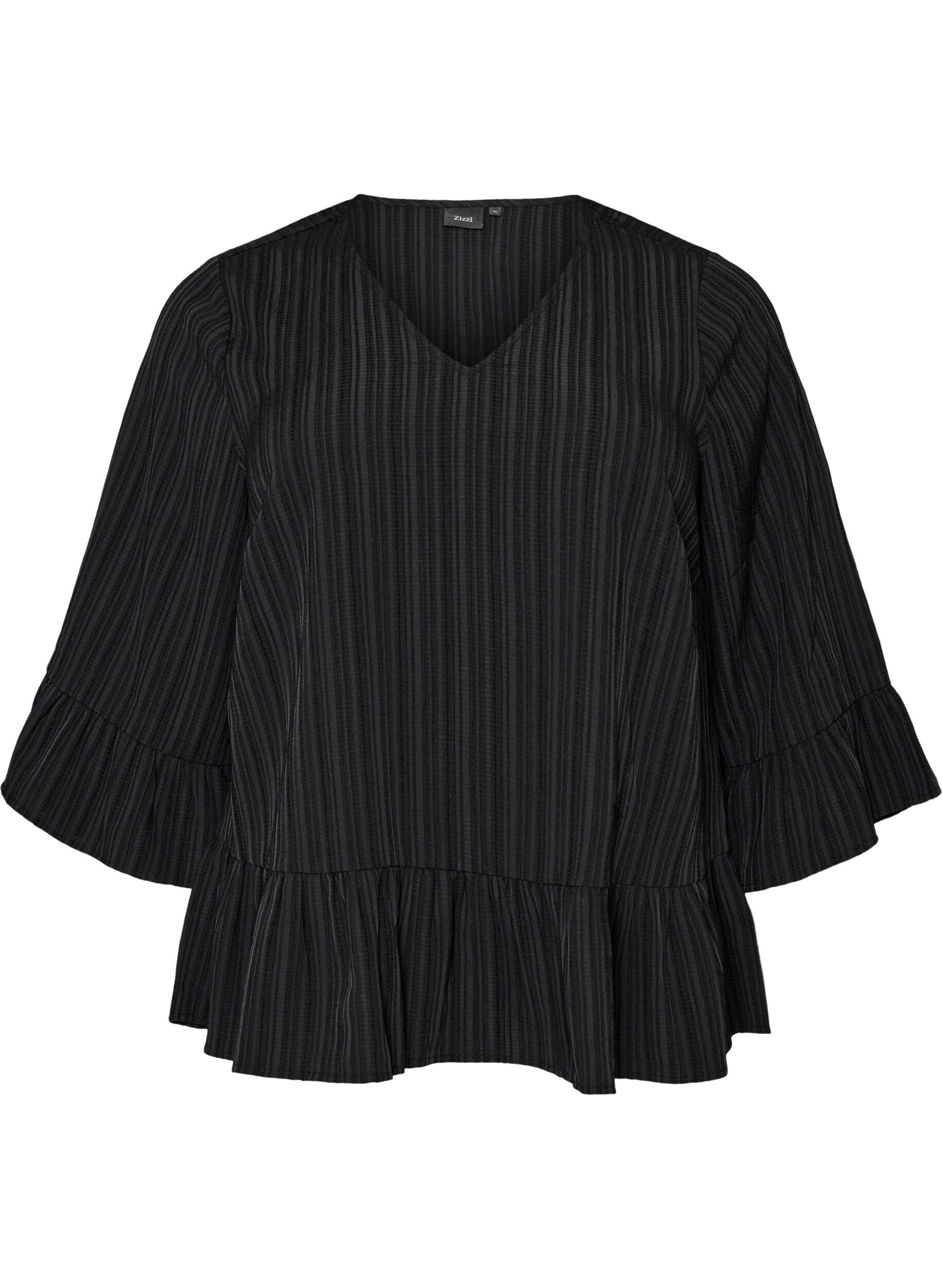 ZizziBluse mit Struktur, V-Ausschnitt und R&uuml;schen, Schwarz, Packshot image number 0