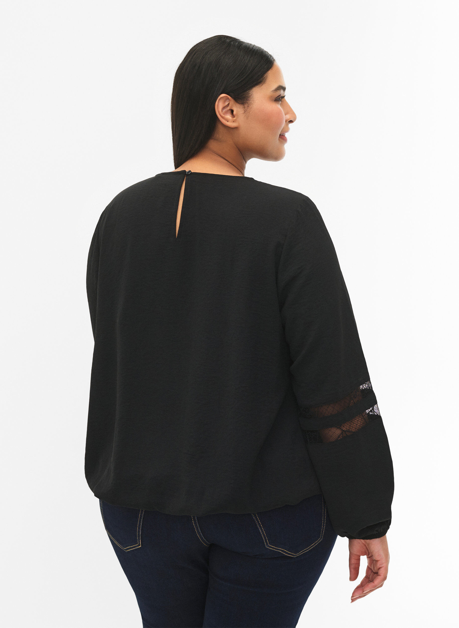 Zizzi  Langarm-Bluse mit Spitze, Black, Model image number 1