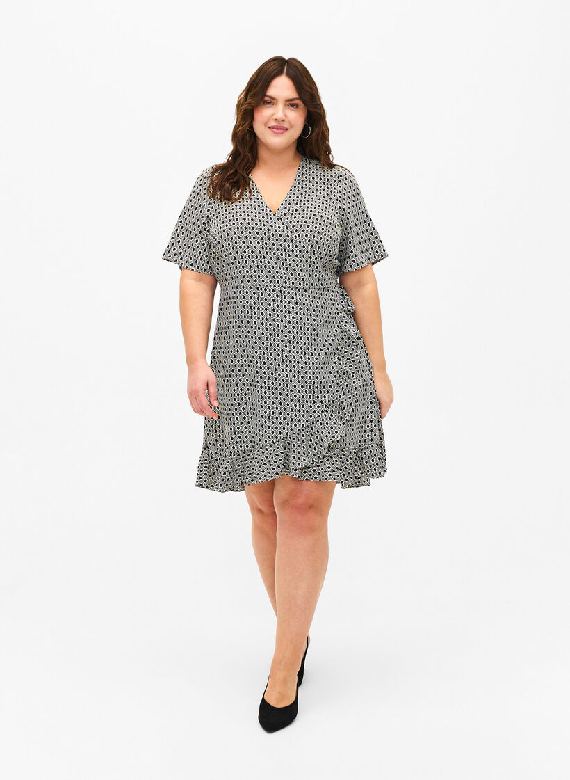 FLASH – Wickelkleid mit kurzen Ärmeln, Black White Graphic, Model image number 2