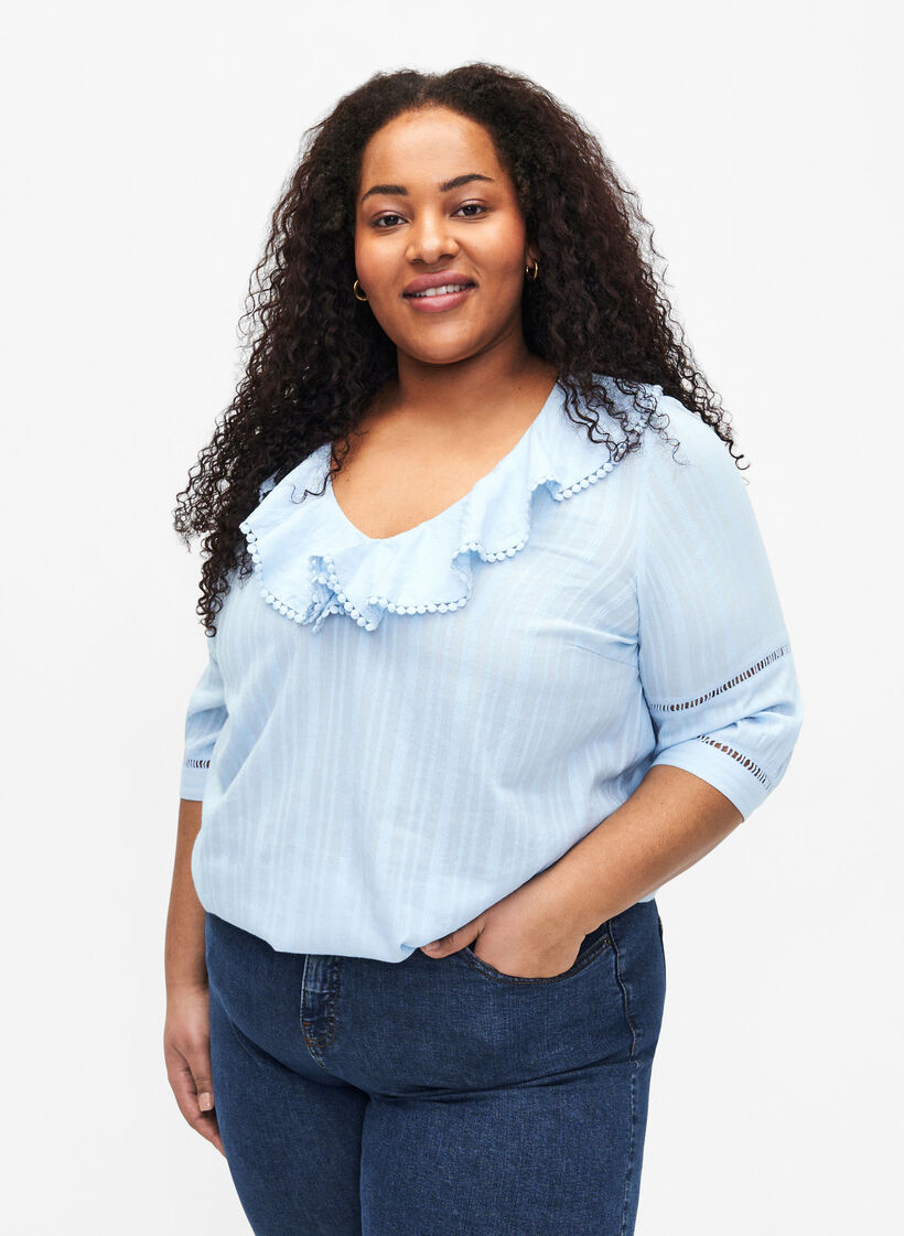 Bluse mit 3/4-Ärmeln und Spitze, Chambray Blue, Model image number 0
