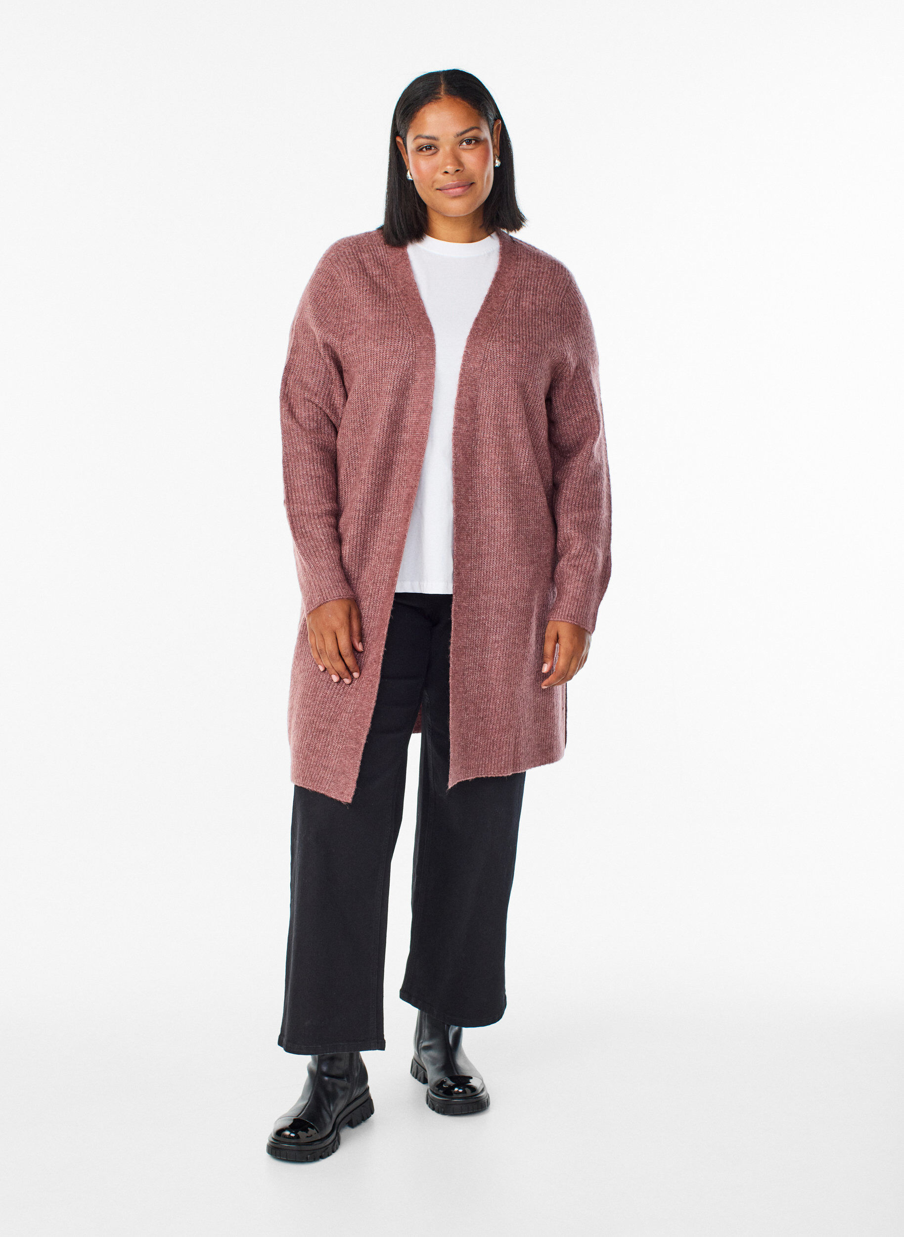 Zizzi FLASH - Langer Rippstrick-Cardigan mit offener Front, Rot, Model image number 1