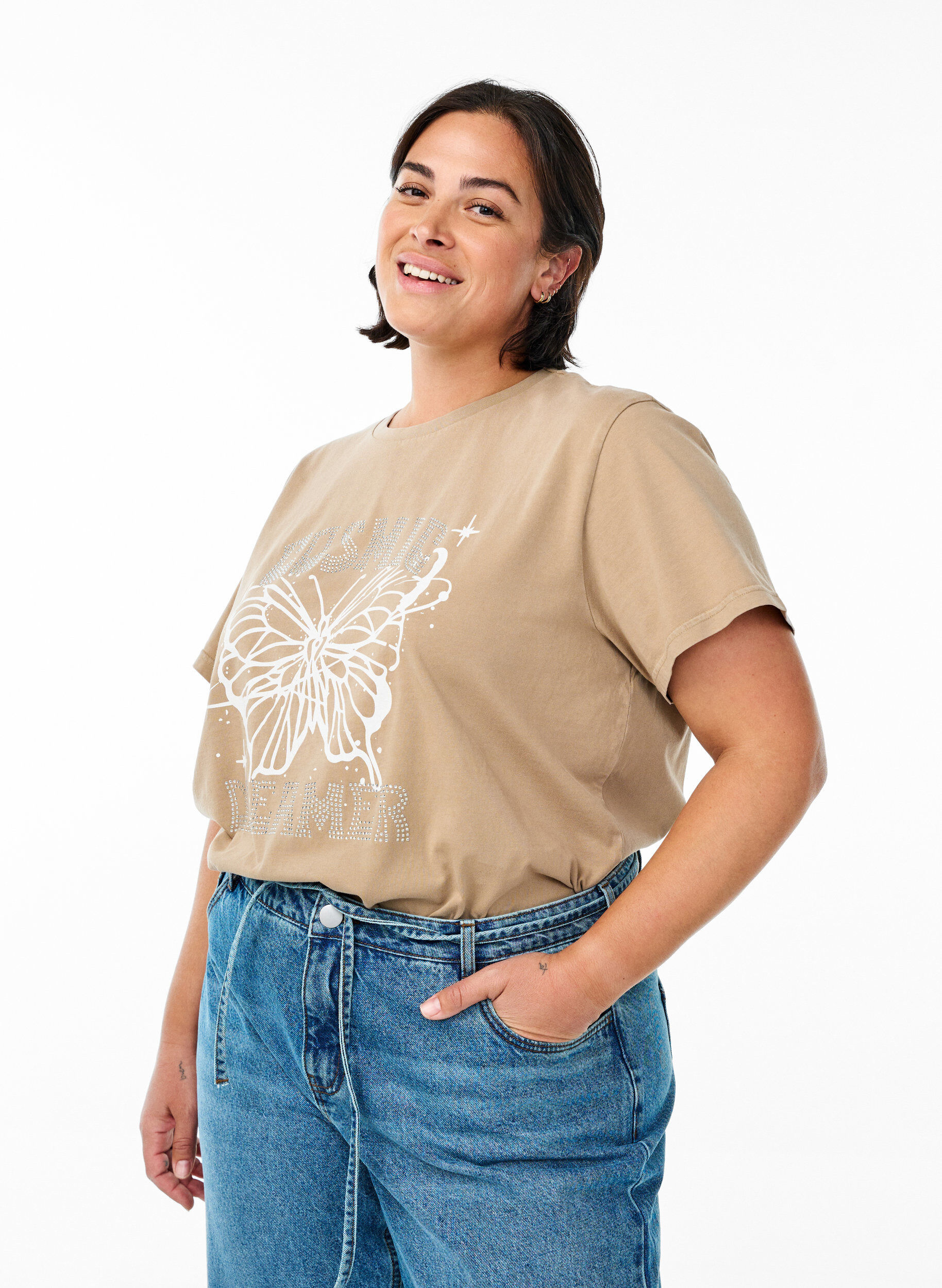 T-Shirt aus Bio-Baumwolle mit Strass und Schmetterlingsmotiv, Braun, Model