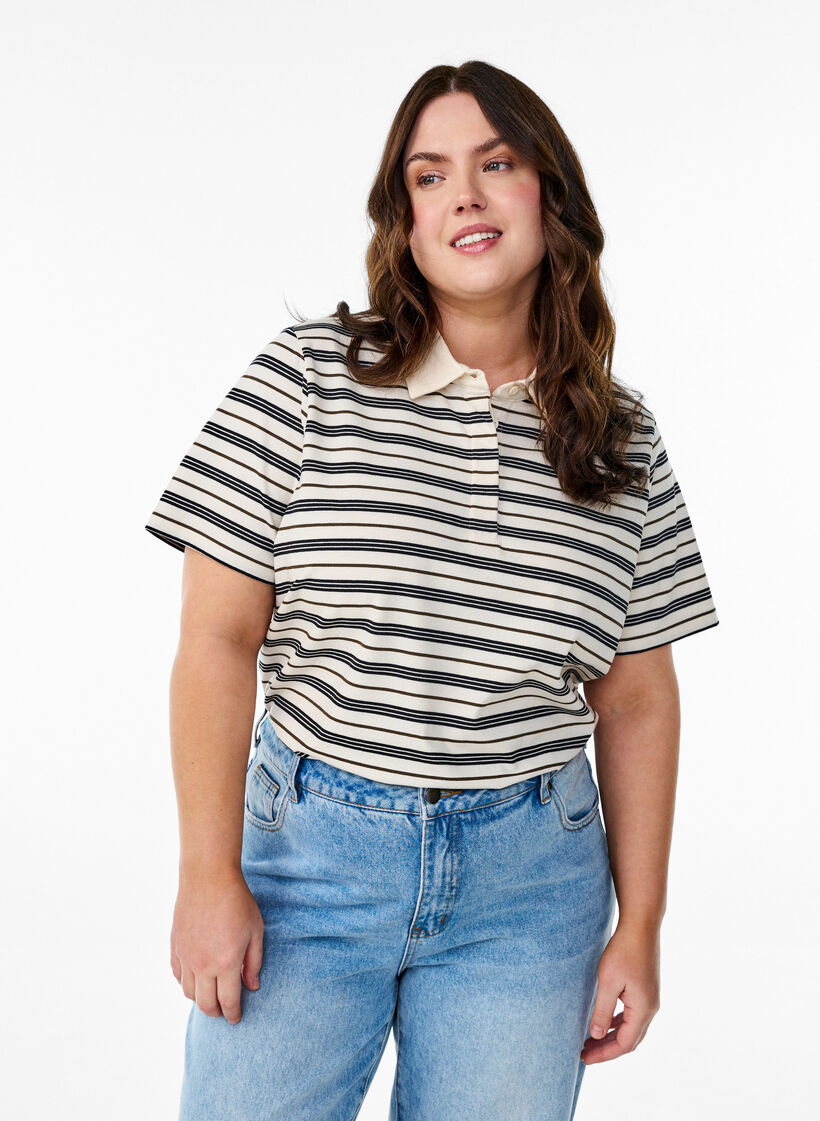 Poloshirt mit Streifen und kurzen Ärmeln, Weiß, Model image number 0