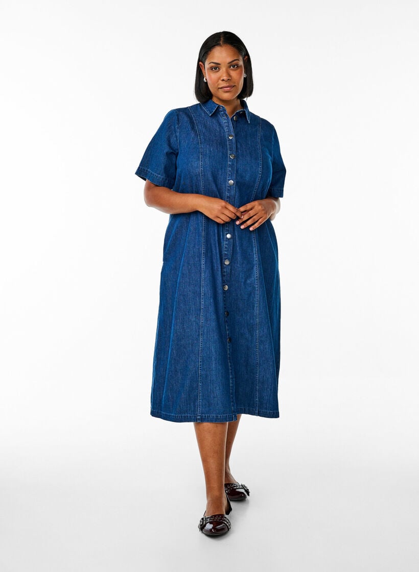 Midi-langes jeanshemdkleid, Blau, Model image number 0