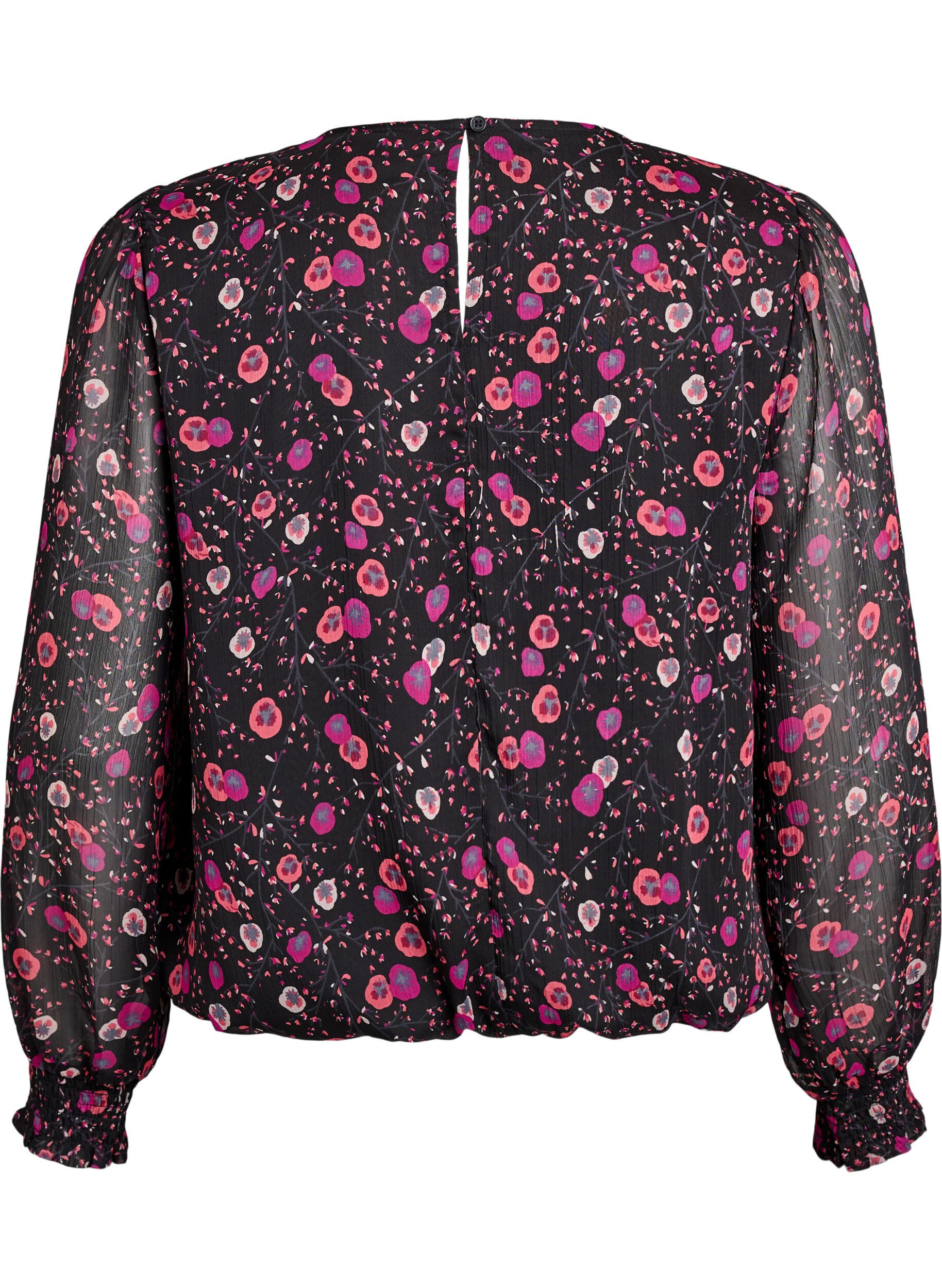 ZizziGebl&uuml;mte Bluse aus Chiffon mit transparenten &Auml;rmeln, Schwarz, Packshot image number 1