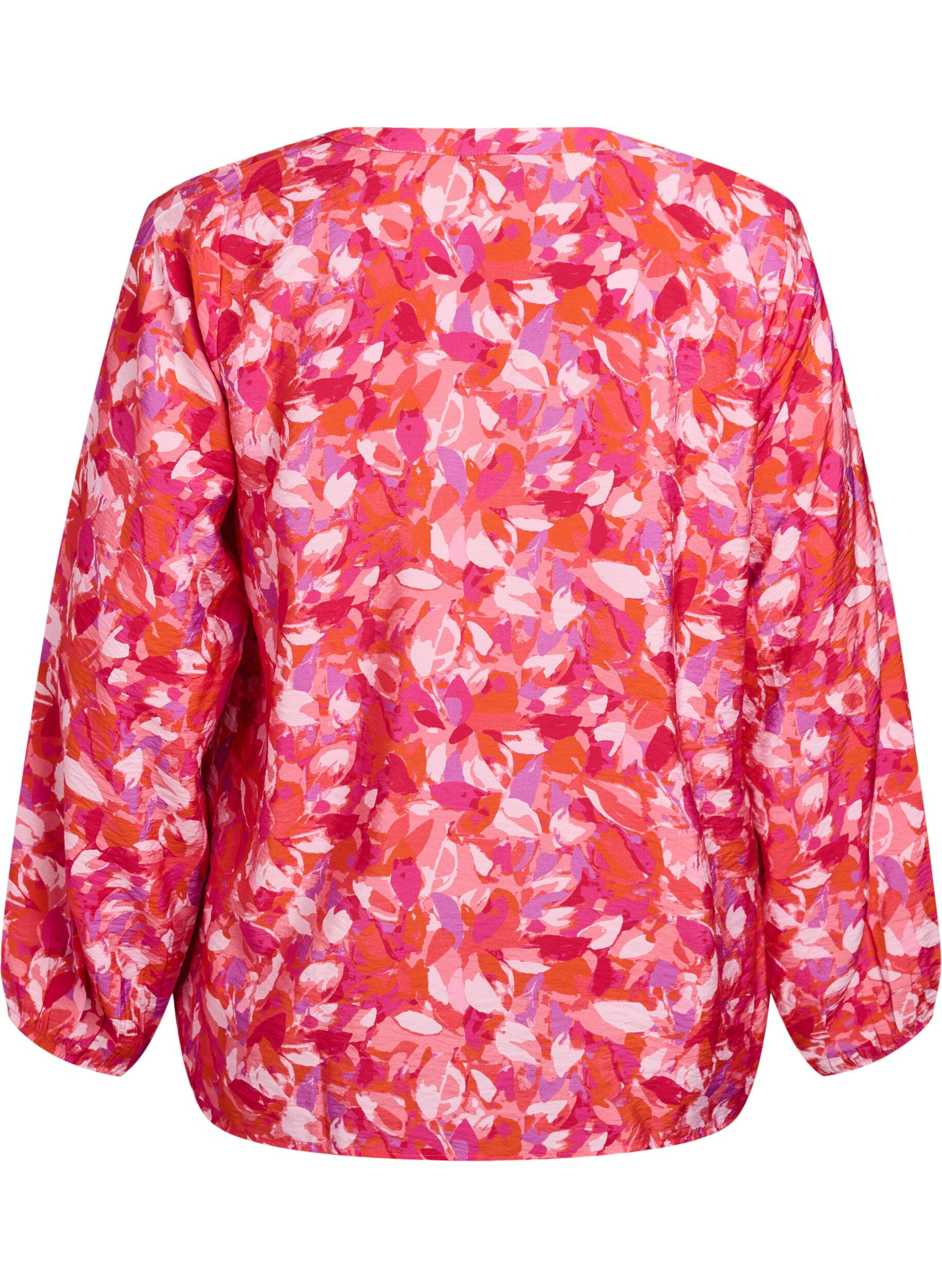 Zizzi Bluse mit V-Ausschnitt und grafischem Blattmuster, Pink, Packshot image number 1