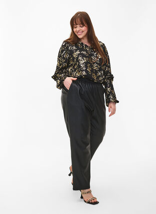 Langärmelige Bluse mit Rüschen und Foliendruck, Black Foil AOP, Model image number 3