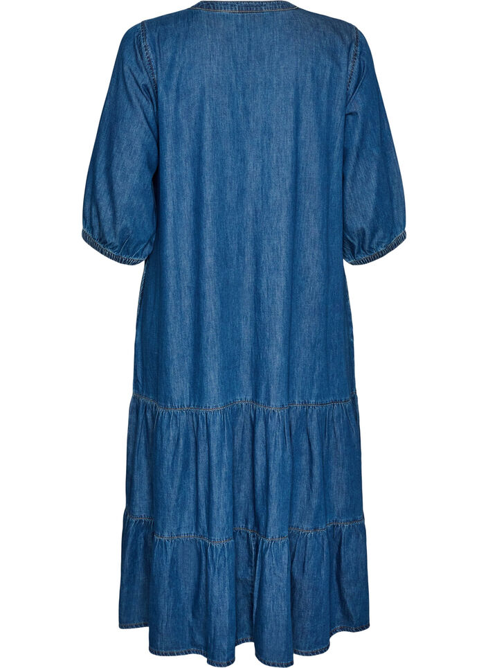 Maxikleid aus Denim mit ger&uuml;schten Stufen, Blau, Packshot image number 1