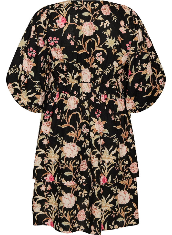 Gebl&uuml;mtes Kleid aus Leinen und Viskose mit Empire-Linie, Schwarz, Packshot image number 1