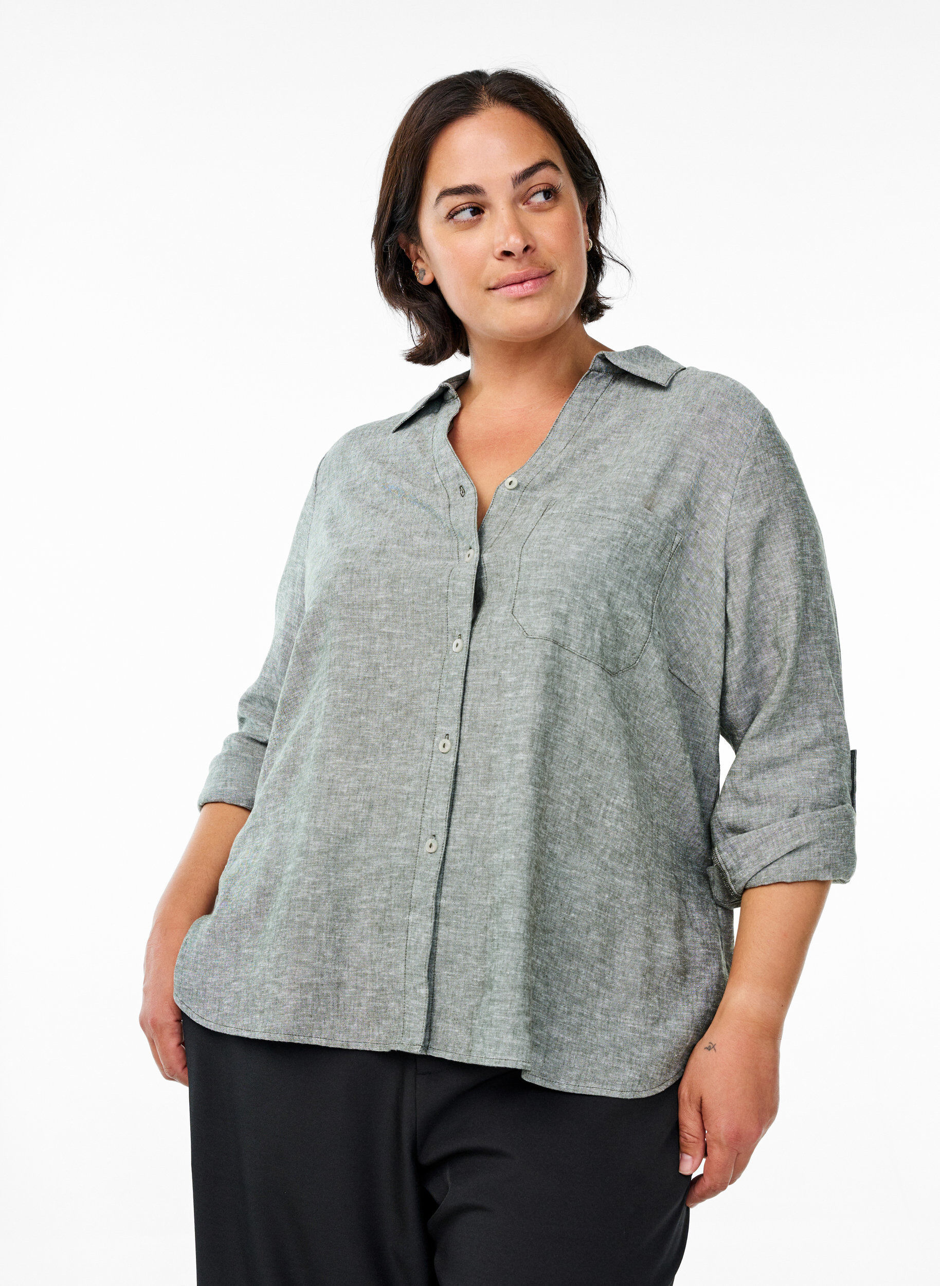 Zizzi Bluse aus Leinen und Viskose mit 3/4-&Auml;rmeln, Gr&uuml;n, Model image number 0