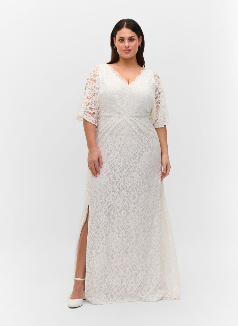 Brautkleid mit Spitze und Schlitz, Star White, Model image number 0