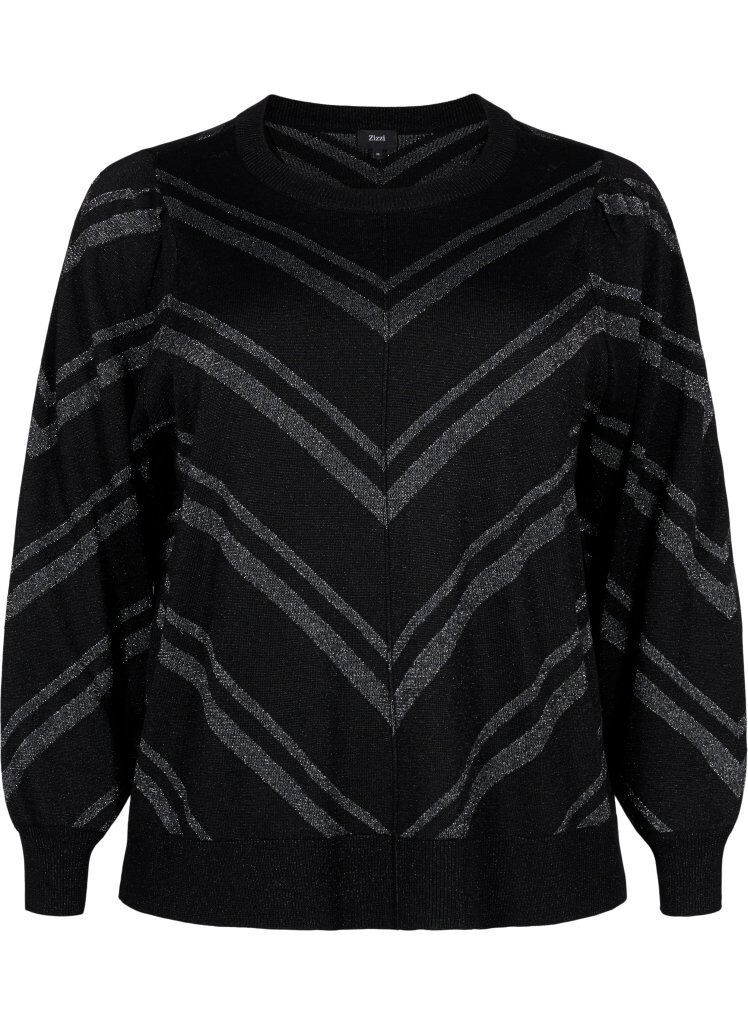 Zizzi Strickpullover mit Rundhalsausschnitt und Schimmer-Effekt, Black w.S.L.Stripes, Packshot image number 0