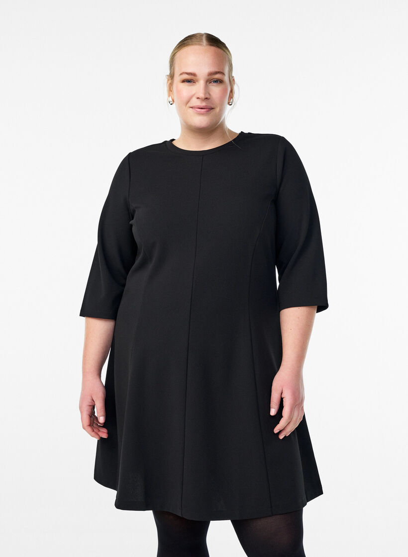 Kurzes A-Linien-Jerseykleid mit 3/4-Ärmeln, Schwarz, Model image number 0