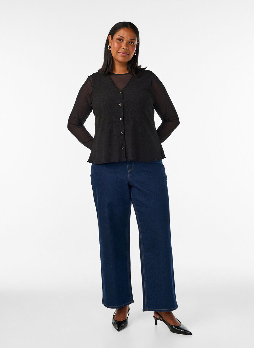 &Auml;rmelloses Top mit welliger Struktur und Knopfverschluss, Schwarz, Model image number 1