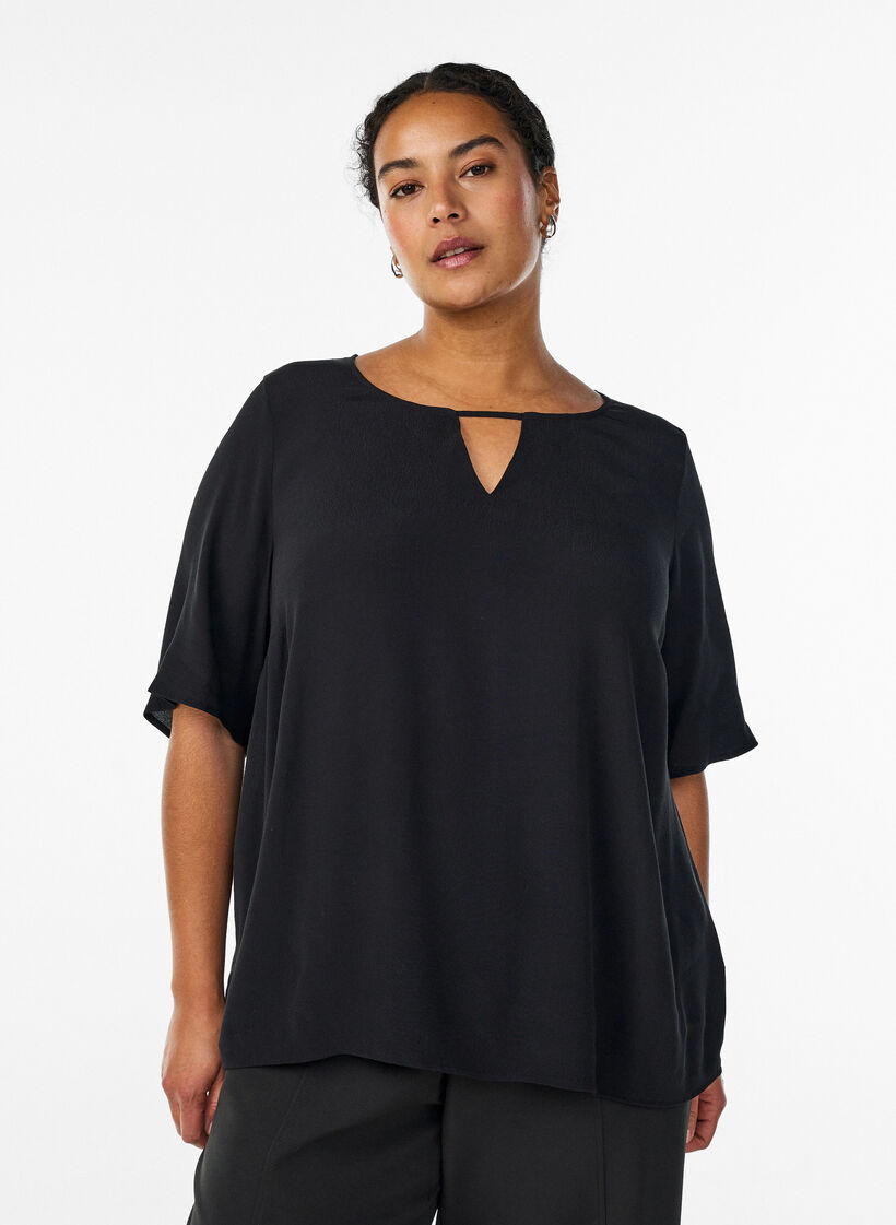 Kurz&auml;rmelige Bluse aus Viskose mit Print, Schwarz, Model image number 0