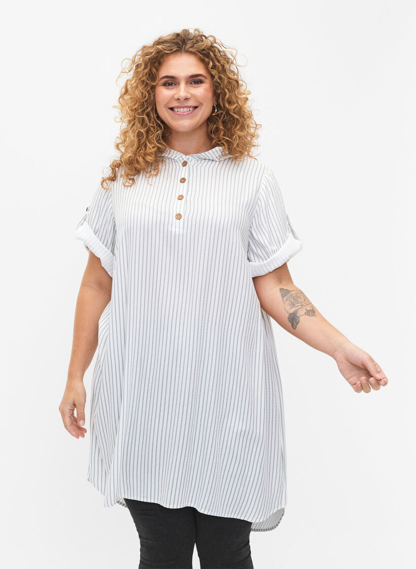 Kurzärmelige Viskose-Tunika mit Kapuze, Chinois Green Stripe, Model image number 0