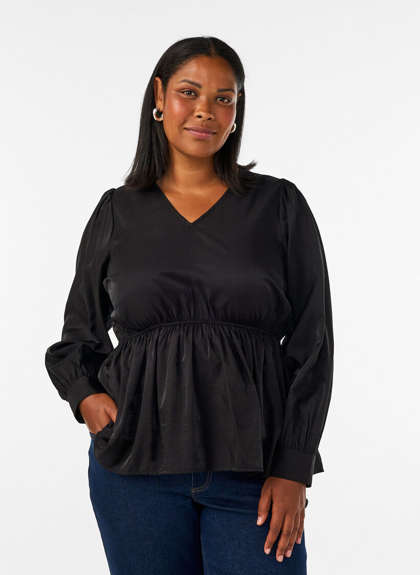 Gl&auml;nzende Bluse aus Viskose mit Peplum-Effekt, Schwarz, Model image number 0