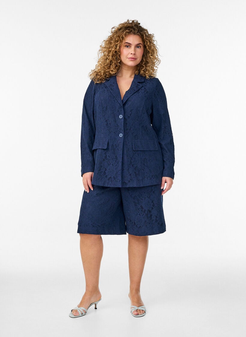 Spitzenblazer mit Knopfverschluss, Blau, Model image number 1