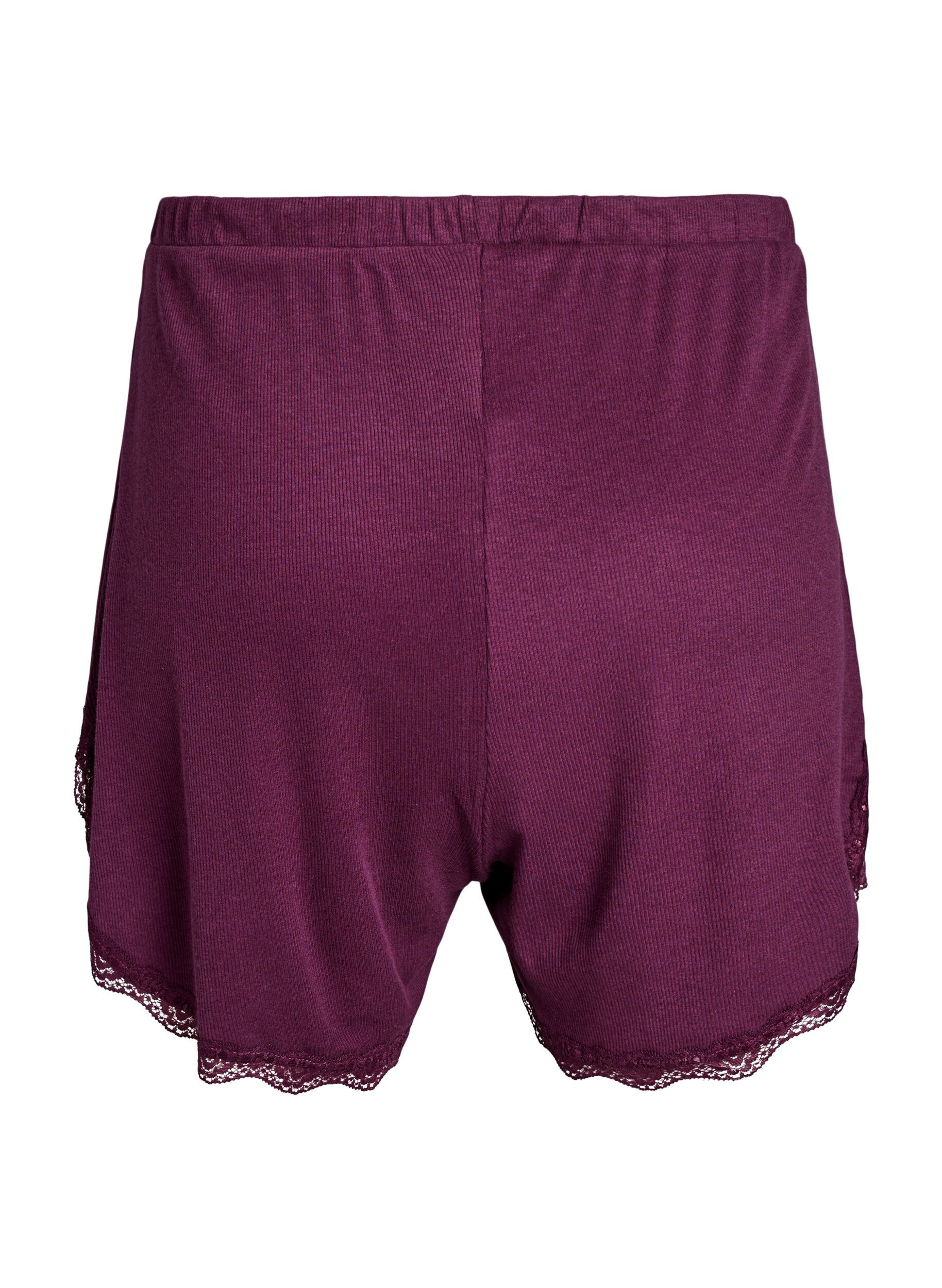 ZizziLockere Nachtshorts aus geripptem Material mit Spitzensaum, Dunkles Bordeaux, Packshot image number 1