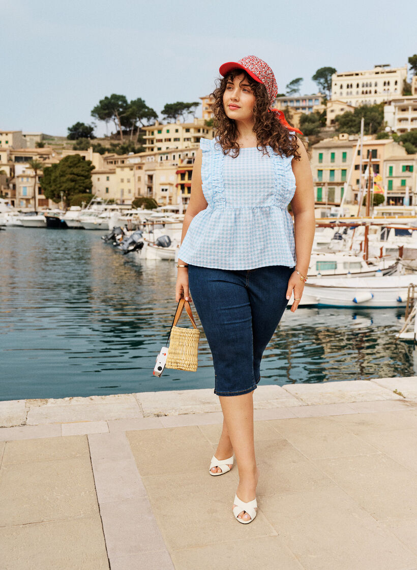 Hoch taillierte Slim Fit Caprihose aus Stretch-Denim, Blau, Image image number 0