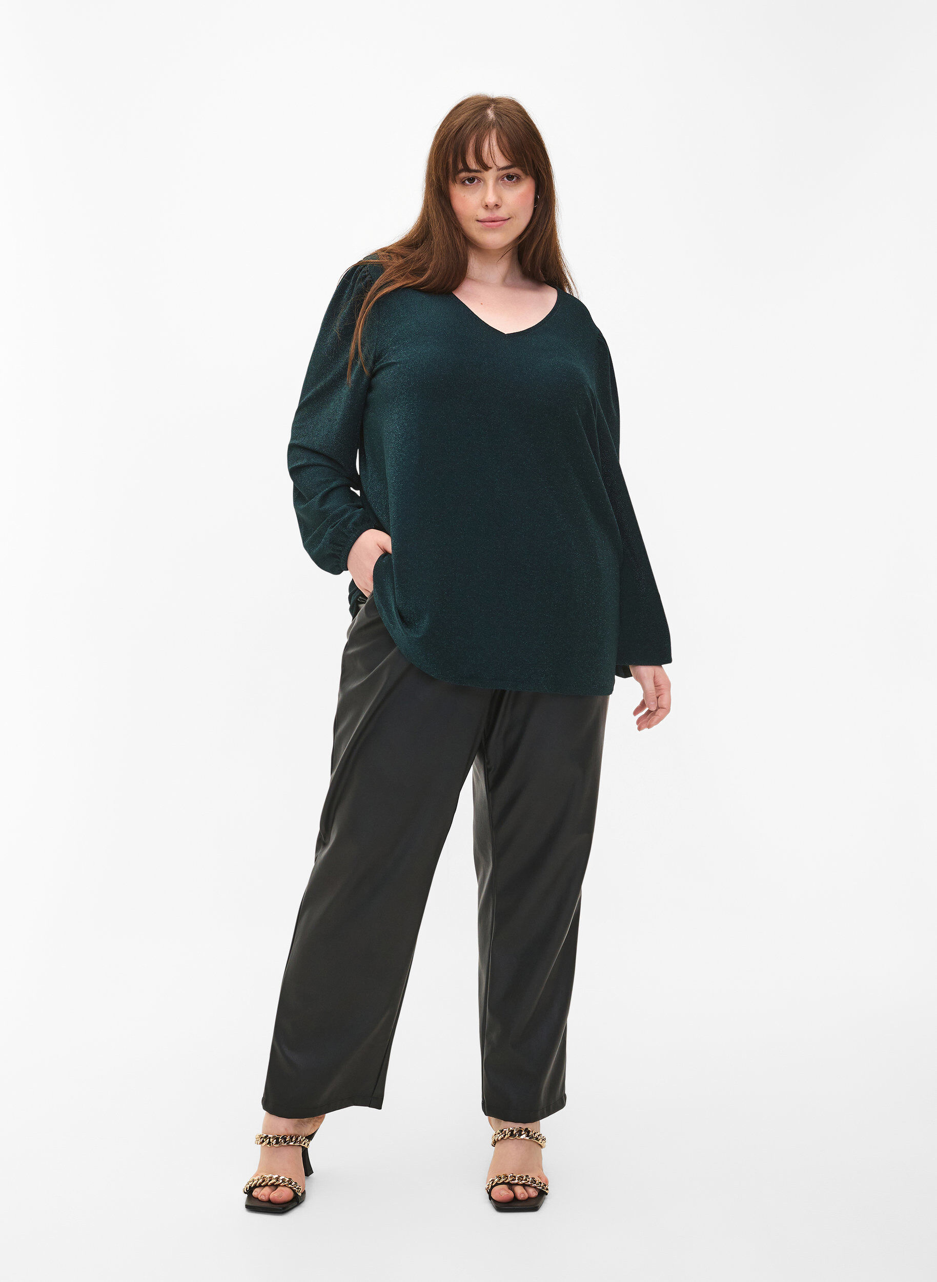 Zizzi  Glitzerbluse mit Puff&auml;rmeln, Black Scarab, Model image number 2