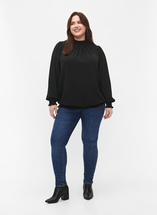 Einfarbige gesmokte Bluse mit langen Ärmeln, Black, Model image number 2