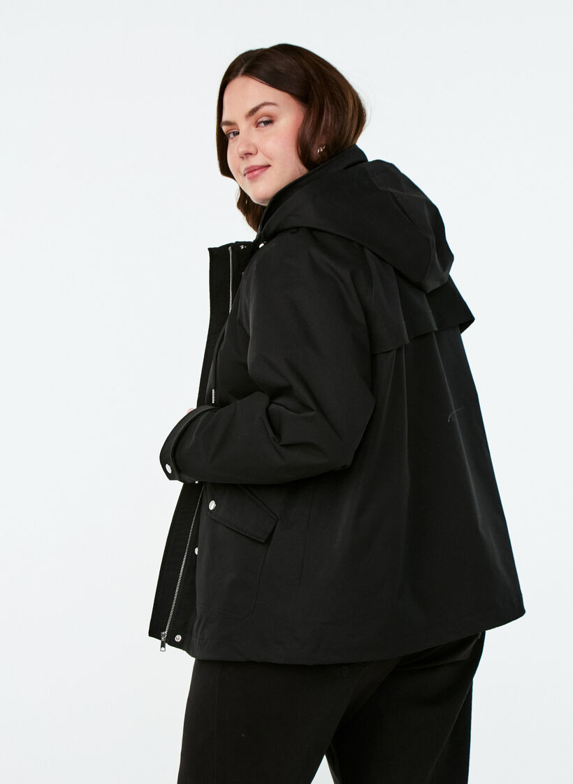Kurze Frühlingsjacke mit abnehmbarer Kapuze, Schwarz, Model image number 2