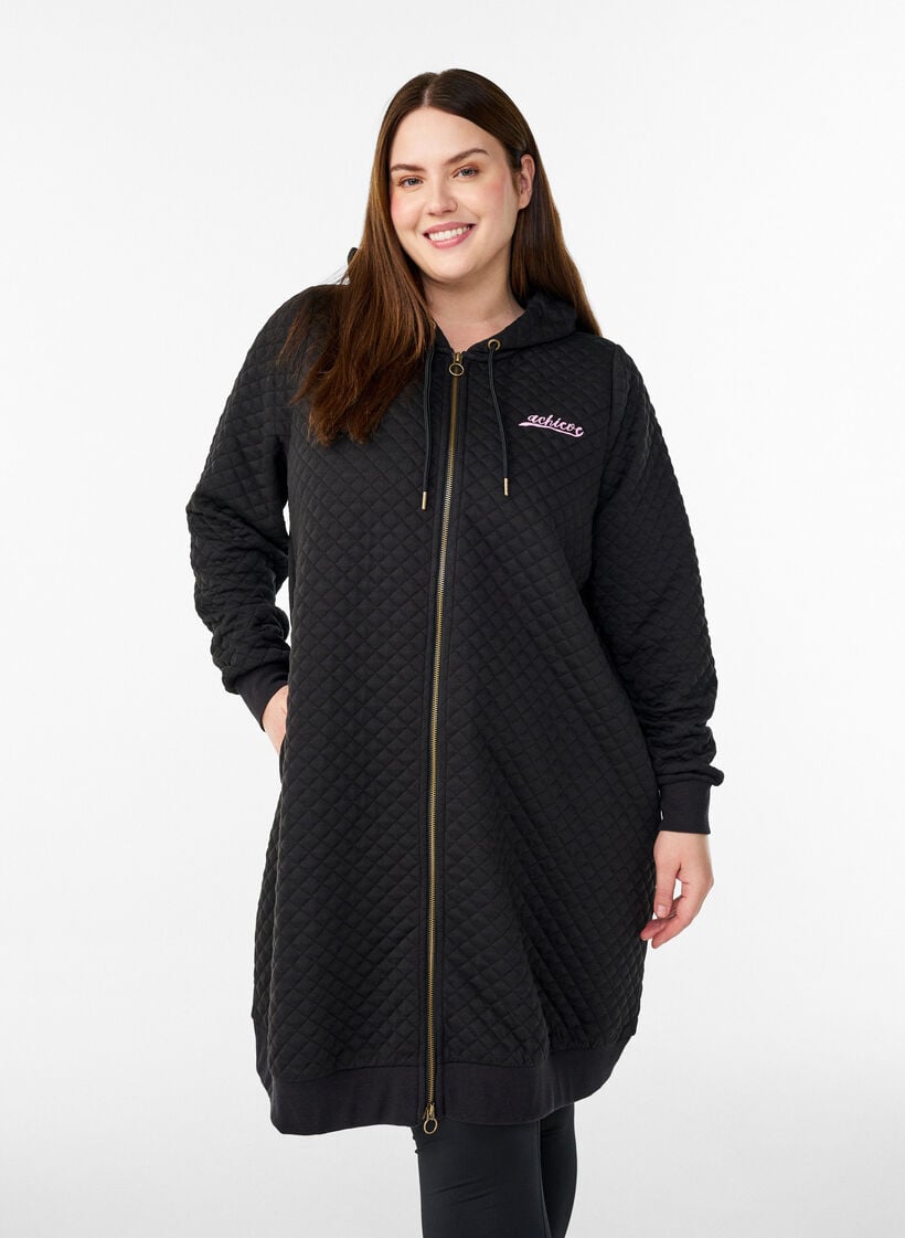 Lange gesteppte Sportstrickjacke mit Rei&szlig;verschluss, Schwarz, Model image number 0