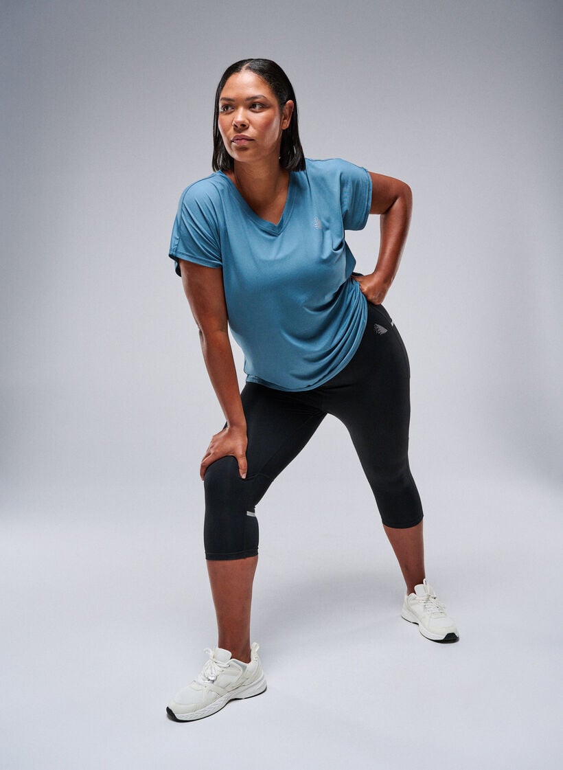 Kurzarm Trainingsshirt mit V-Ausschnitt, Petrol, Image image number 0