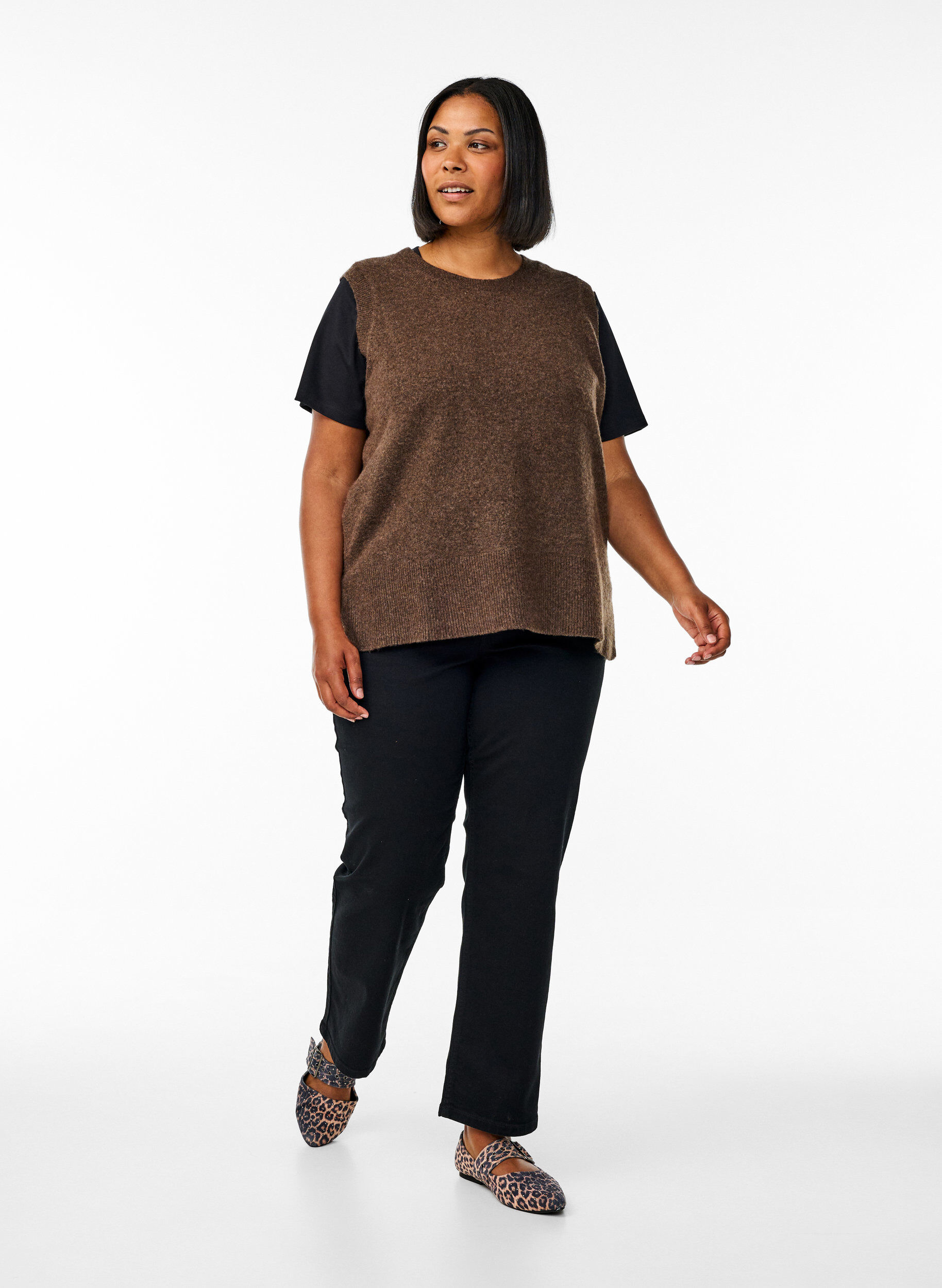 Zizzi Strickweste mit Rippb&auml;ndern, Gr&uuml;n, Model image number 1